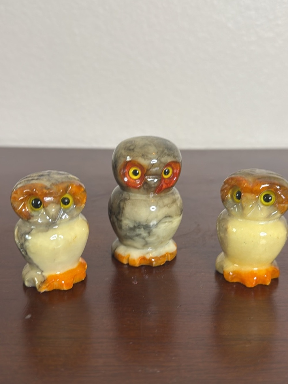 3 Vintage Italian Alabaster Carved Stone Owl Figurines